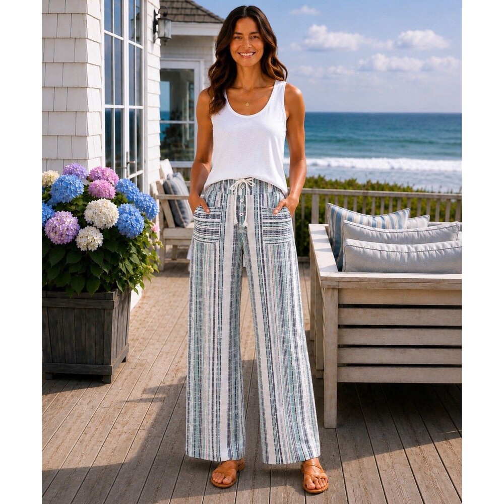 Sundance Gigi Cotton Straight Leg Pants Striped Drawstring Boho Coastal‎ Size MP
